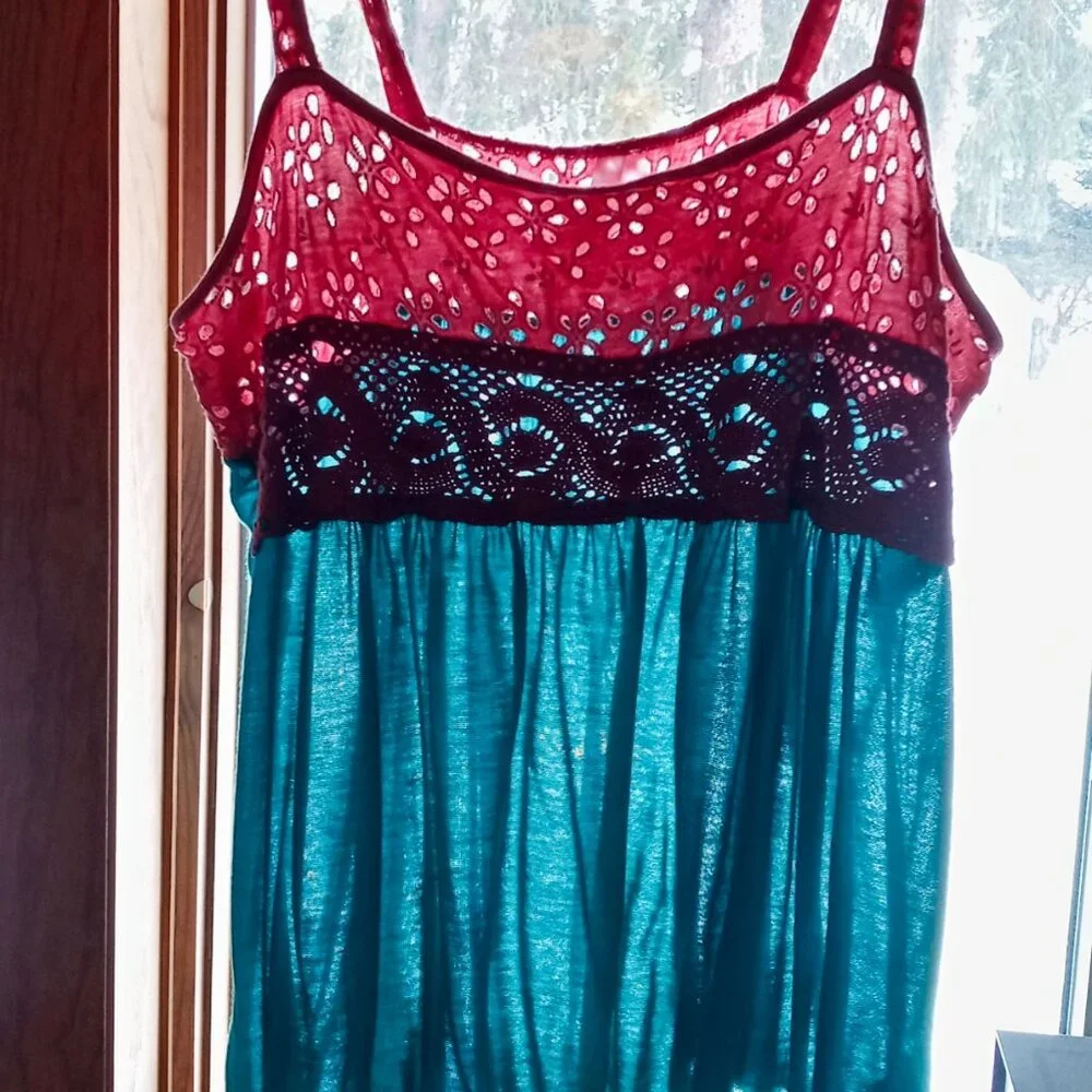 RARE Vintage Sparkle & Fade Turquoise/Pink Eyelet Crochet Women's Summer Top - Picture 10 of 12